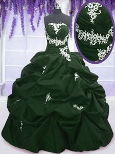 Taffeta Strapless Sleeveless Lace Up Appliques and Pick Ups Sweet 16 Quinceanera Dress in Dark Green and Peacock Green