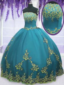 Teal Tulle Zipper Quinceanera Gown Sleeveless Floor Length Appliques