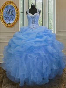 Beauteous Straps Straps Blue Sleeveless Floor Length Beading and Ruffles Zipper Quinceanera Dresses