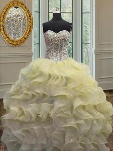 Great Light Yellow Sweetheart Neckline Beading and Ruffles Ball Gown Prom Dress Sleeveless Lace Up