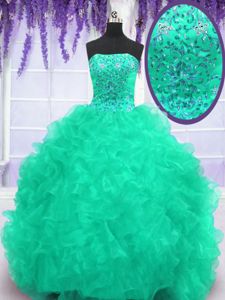 Sleeveless Organza With Brush Train Lace Up Quinceanera Dress in Turquoise for with Beading and Appliques and Ruffles