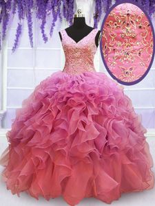 Custom Designed Sleeveless Lace Up Floor Length Beading and Embroidery and Ruffles Sweet 16 Dresses