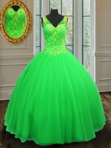 Green Ball Gowns Tulle V-neck Sleeveless Beading Floor Length Zipper Quince Ball Gowns