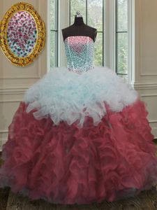 White And Red Ball Gowns Strapless Sleeveless Organza Floor Length Lace Up Beading and Ruffles Quinceanera Gowns