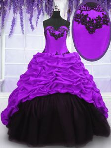 On Sale Purple Ball Gowns Appliques and Pick Ups 15 Quinceanera Dress Lace Up Taffeta Sleeveless With Train