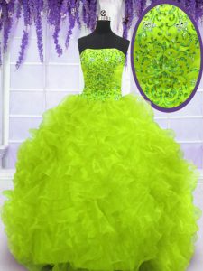 Fantastic Yellow Green Sleeveless Organza Brush Train Lace Up Vestidos de Quinceanera for Military Ball and Sweet 16 and Quinceanera
