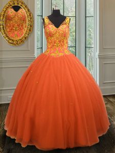 Adorable Orange Red Ball Gowns V-neck Sleeveless Tulle Floor Length Zipper Beading 15th Birthday Dress