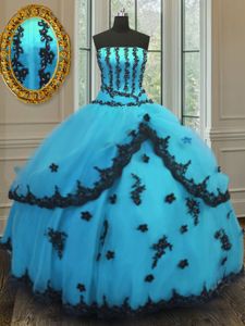 Charming Aqua Blue Ball Gowns Strapless Sleeveless Tulle Floor Length Lace Up Appliques Sweet 16 Dress