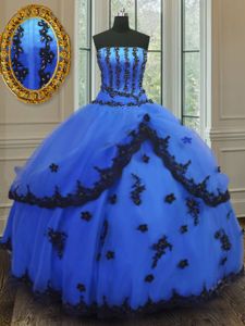 Graceful Strapless Sleeveless Vestidos de Damas Floor Length Appliques Blue Tulle