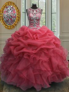 Coral Red Ball Gowns Scoop Sleeveless Organza Floor Length Lace Up Beading and Ruffles and Pick Ups Ball Gown Prom Dress