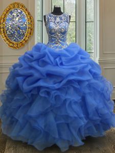 Classical Scoop Sleeveless Lace Up Quinceanera Gowns Blue Organza