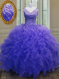 Beading and Ruffles Quinceanera Gowns Purple Zipper Sleeveless Floor Length
