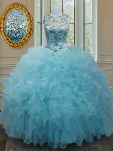 Scoop Aqua Blue Ball Gowns Beading and Ruffles 15 Quinceanera Dress Lace Up Organza Sleeveless Floor Length