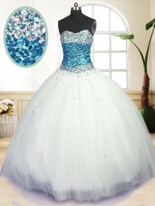 Pretty White Tulle Lace Up Quinceanera Dress Sleeveless Floor Length Beading