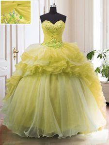 Light Yellow Sleeveless Court Train Beading and Ruffled Layers With Train Sweet 16 Dress