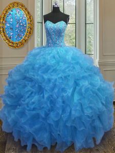 Clearance Baby Blue Sleeveless Organza Side Zipper Quinceanera Gown for Military Ball and Sweet 16 and Quinceanera