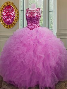 Fantastic Scoop Floor Length Lilac 15 Quinceanera Dress Tulle Sleeveless Beading and Ruffles