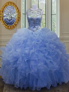 Custom Designed Scoop Blue Organza Lace Up Sweet 16 Dresses Sleeveless Floor Length Beading and Ruffles