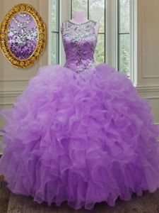 Hot Selling Scoop Sleeveless Lace Up Floor Length Beading and Ruffles Vestidos de Quinceanera