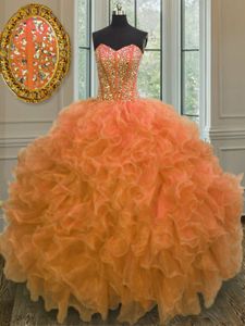 Orange Sweetheart Lace Up Beading and Ruffles 15th Birthday Dress Sleeveless