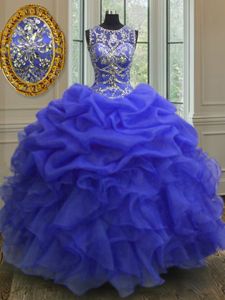 Lovely Sleeveless Organza Floor Length Lace Up Quinceanera Gown in Royal Blue for with Beading and Ruffles