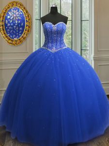 Sequins Floor Length Ball Gowns Sleeveless Royal Blue Quince Ball Gowns Lace Up