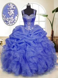 Edgy Lavender Ball Gowns Straps Sleeveless Organza Floor Length Zipper Beading and Ruffles and Pick Ups Dama Dress for Quinceanera