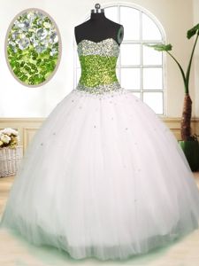 Suitable White Ball Gowns Tulle Sweetheart Sleeveless Beading Floor Length Lace Up Quinceanera Dresses