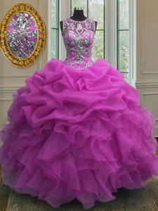 Scoop Floor Length Lace Up 15 Quinceanera Dress Fuchsia and In for Military Ball and Sweet 16 and Quinceanera with Beading and Ruffles and Pick Ups