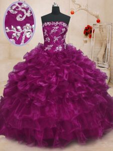 Fuchsia Strapless Lace Up Beading and Appliques and Ruffles Quince Ball Gowns Sleeveless