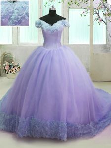 Artistic Court Train Ball Gowns Sweet 16 Quinceanera Dress Lavender Off The Shoulder Organza Short Sleeves With Train Lace Up