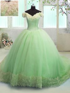 Off the Shoulder Apple Green Short Sleeves Court Train Hand Made Flower With Train Sweet 16 Quinceanera Dress