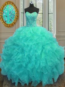 Custom Designed Aqua Blue Lace Up Court Dresses for Sweet 16 Beading and Ruffles Sleeveless Floor Length