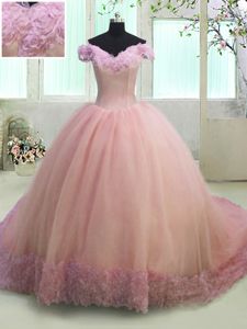 Off the Shoulder Pink Organza Lace Up Quinceanera Dama Dress Short Sleeves With Train Court Train Hand Made Flower