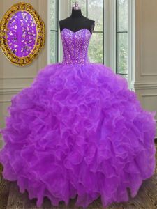 Sleeveless Organza Floor Length Lace Up Sweet 16 Dresses in Purple for with Beading and Ruffles