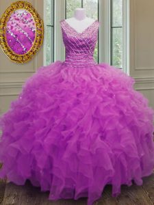 Attractive Fuchsia Sleeveless Beading and Ruffles Floor Length Ball Gown Prom Dress
