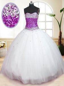 Ideal White Sleeveless Floor Length Beading Lace Up 15 Quinceanera Dress