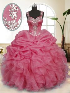 Traditional Pink Organza Zipper Sweet 16 Dresses Sleeveless Floor Length Beading and Ruffles and Pick Ups