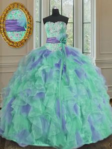 Sleeveless Floor Length Beading and Appliques and Ruffles and Sashes|ribbons and Hand Made Flower Lace Up Sweet 16 Dresses with Multi-color