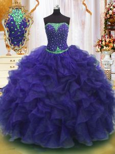 Purple Sleeveless Beading and Ruffles Floor Length Sweet 16 Dresses