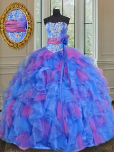 Smart Sleeveless Beading and Appliques and Ruffles and Sashes|ribbons and Hand Made Flower Lace Up Ball Gown Prom Dress