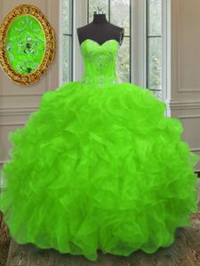 Yellow Green Organza Lace Up Straps Cap Sleeves Floor Length Sweet 16 Quinceanera Dress Beading and Ruffles and Sequins