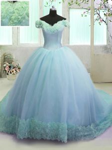 Beautiful Court Train Ball Gowns Quince Ball Gowns Light Blue Off The Shoulder Organza Sleeveless With Train Lace Up