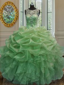 Top Selling Green Ball Gowns Sweetheart Sleeveless Organza Floor Length Lace Up Beading and Ruffles Quinceanera Gown
