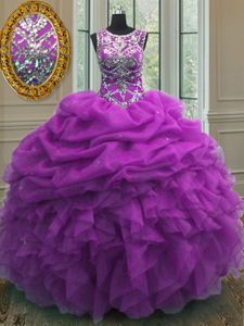 On Sale Purple Organza Lace Up Scoop Sleeveless Floor Length Sweet 16 Dresses Beading and Ruffles and Pick Ups