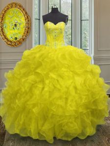 High Class Ball Gowns Quinceanera Dress Yellow Sweetheart Organza Sleeveless Floor Length Lace Up