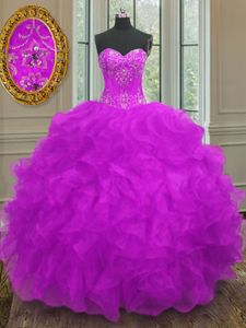 High Class Purple Ball Gown Prom Dress Military Ball and Sweet 16 and Quinceanera and For with Beading and Embroidery and Ruffles Sweetheart Sleeveless Lace Up