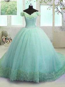 Ideal Off the Shoulder Turquoise Lace Up 15 Quinceanera Dress Hand Made Flower Sleeveless With Train Court Train