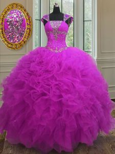 Organza Straps Sleeveless Lace Up Beading and Ruffles and Sequins Quinceanera Dresses in Fuchsia