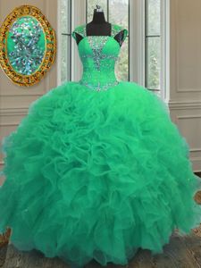 Affordable Straps Cap Sleeves Organza Vestidos de Quinceanera Beading and Ruffles and Sequins Lace Up
